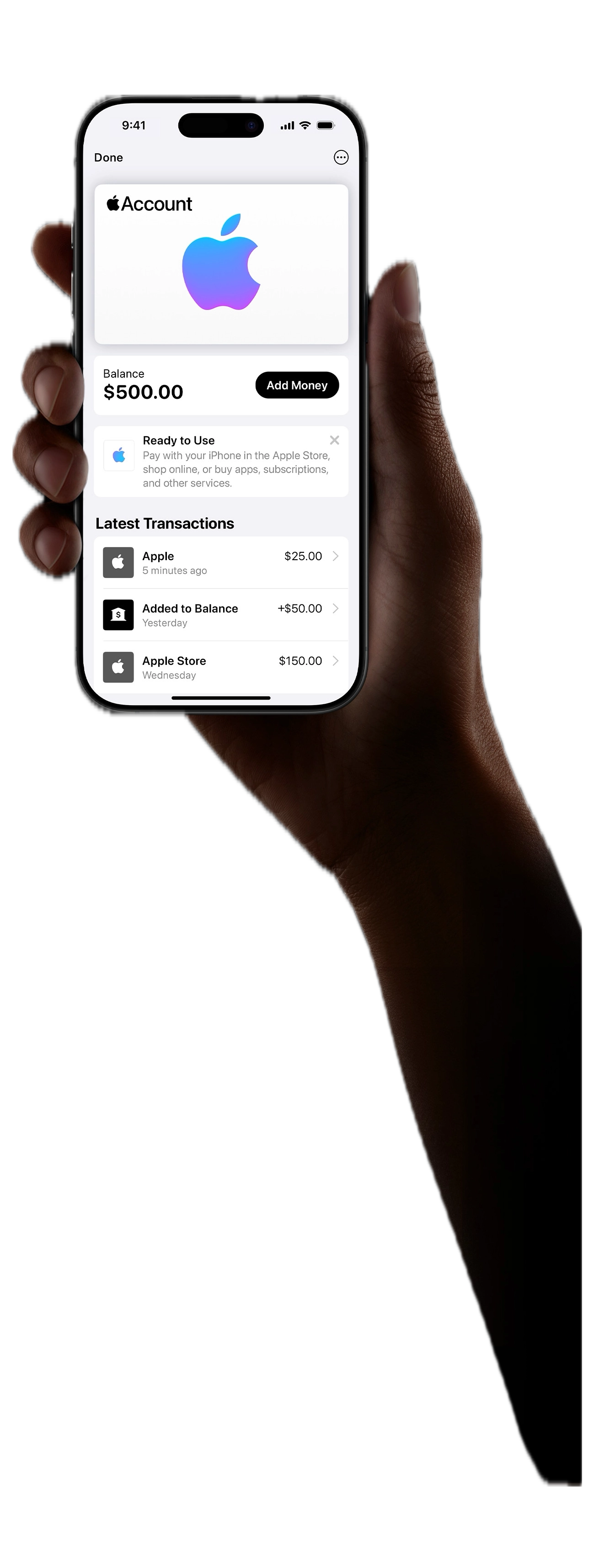 Hand holding an iPhone displaying an Apple Account balance, symbolizing financial success.